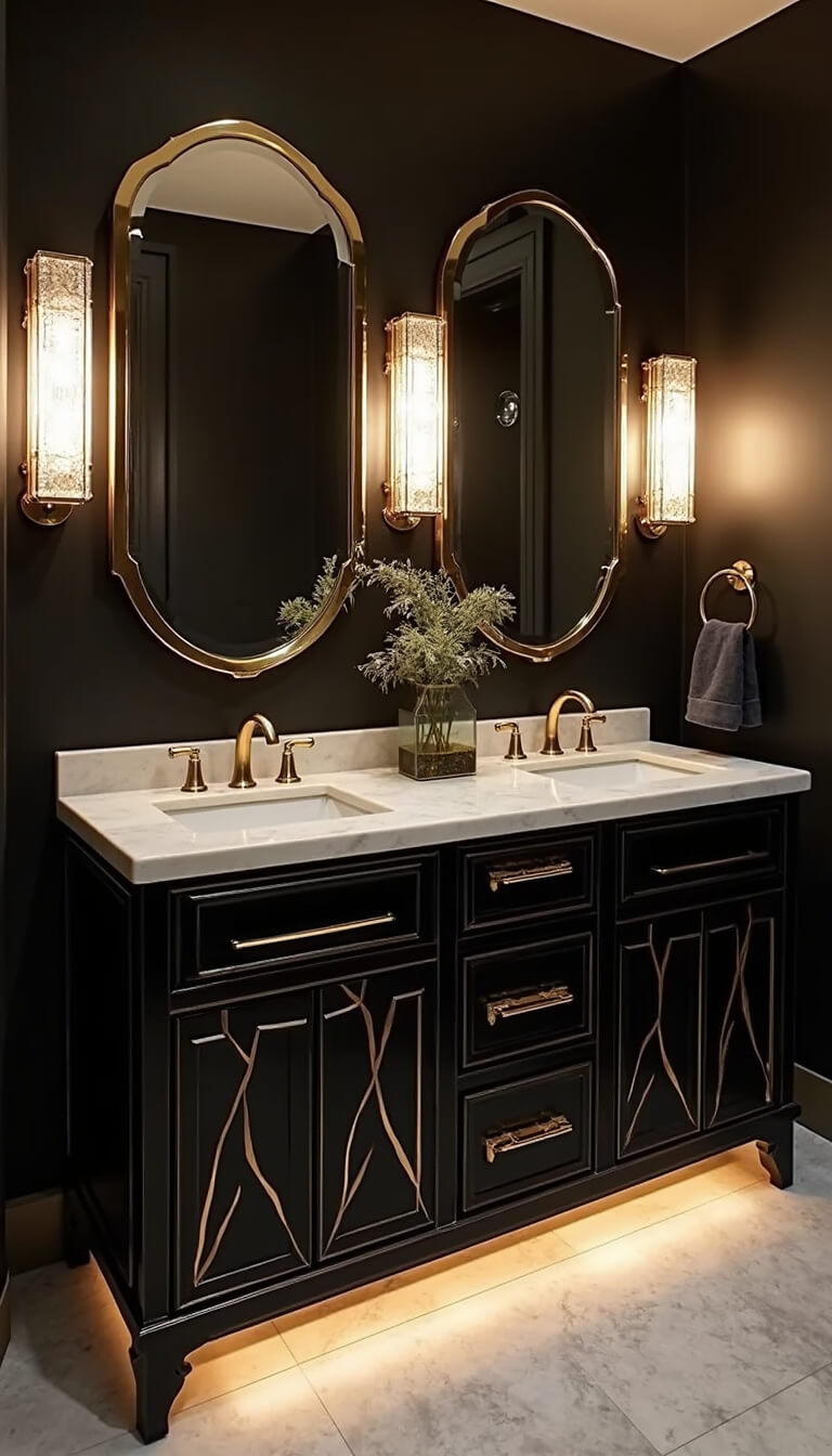 Art Deco bathroom with black lacquer vanity, gold inlay, marble top, backlit mirrors, and crystal sconces in dramatic evening lighting.