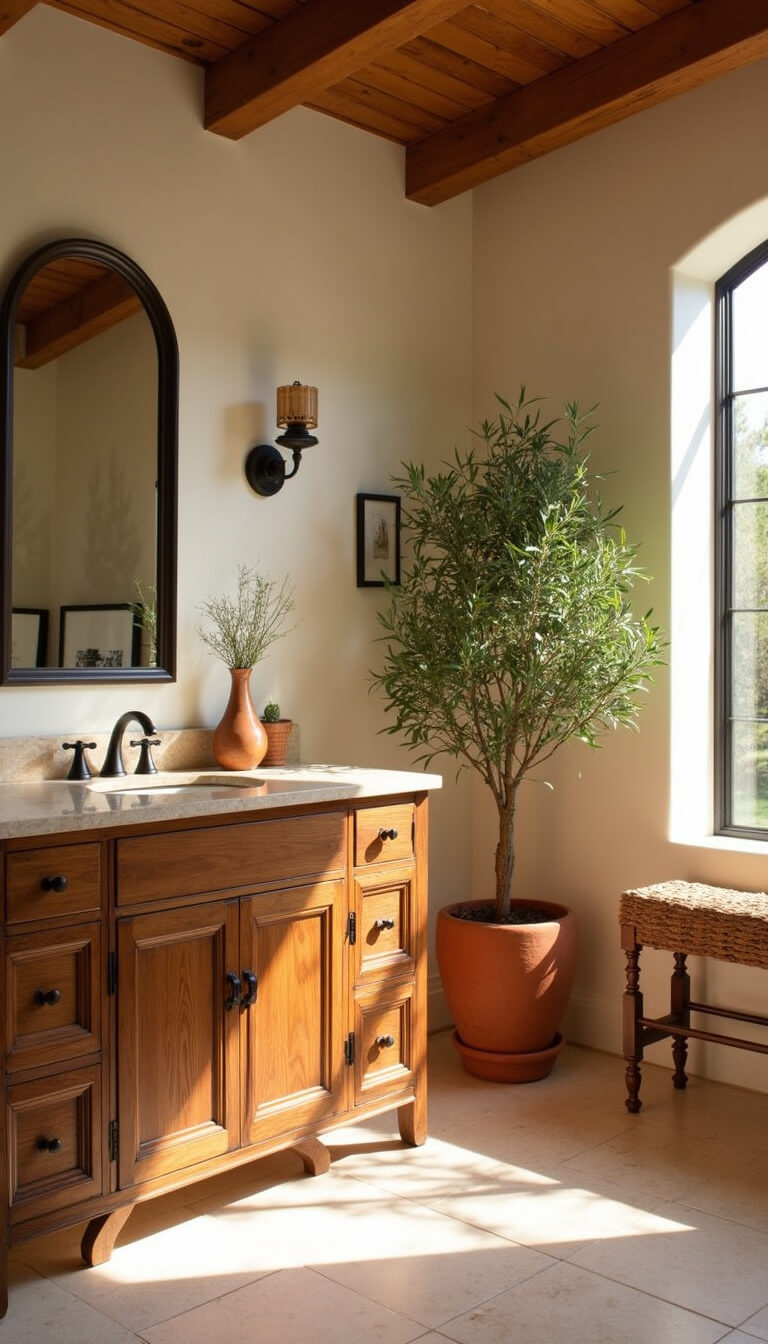Mediterranean-style 13'x15' bathroom with distressed alder vanity, travertine top, arched mirrors, and warm afternoon sunlight highlighting textures.