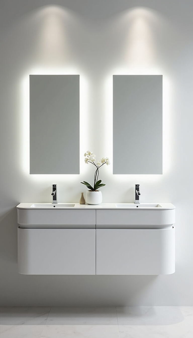 Contemporary 10'x12' bathroom with 66-inch high-gloss white vanity, waterfall quartz top, illuminated mirrors, chrome fixtures, and minimalist decor under studio lighting.