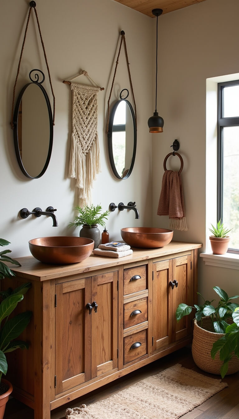 Bohemian-style bathroom with 70-inch reclaimed wood vanity, copper sinks, mixed metal hardware, asymmetrical mirrors, macrame wall hanging, plants, carved boxes, and handwoven textiles bathed in morning light.