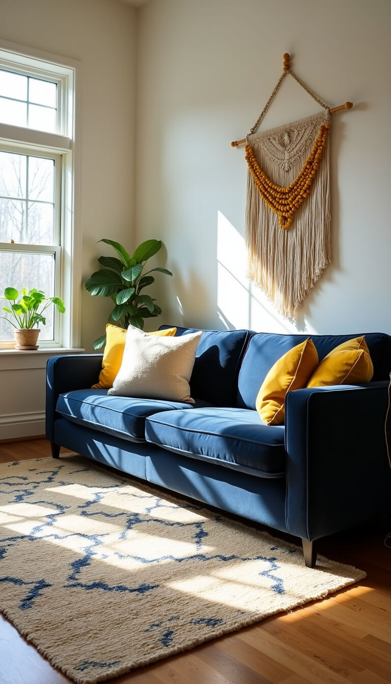 Sunlit living room with navy velvet sofa, mustard and ivory pillows, jute rug with blue patterns, and macramé wall hanging, viewed from low corner angle.