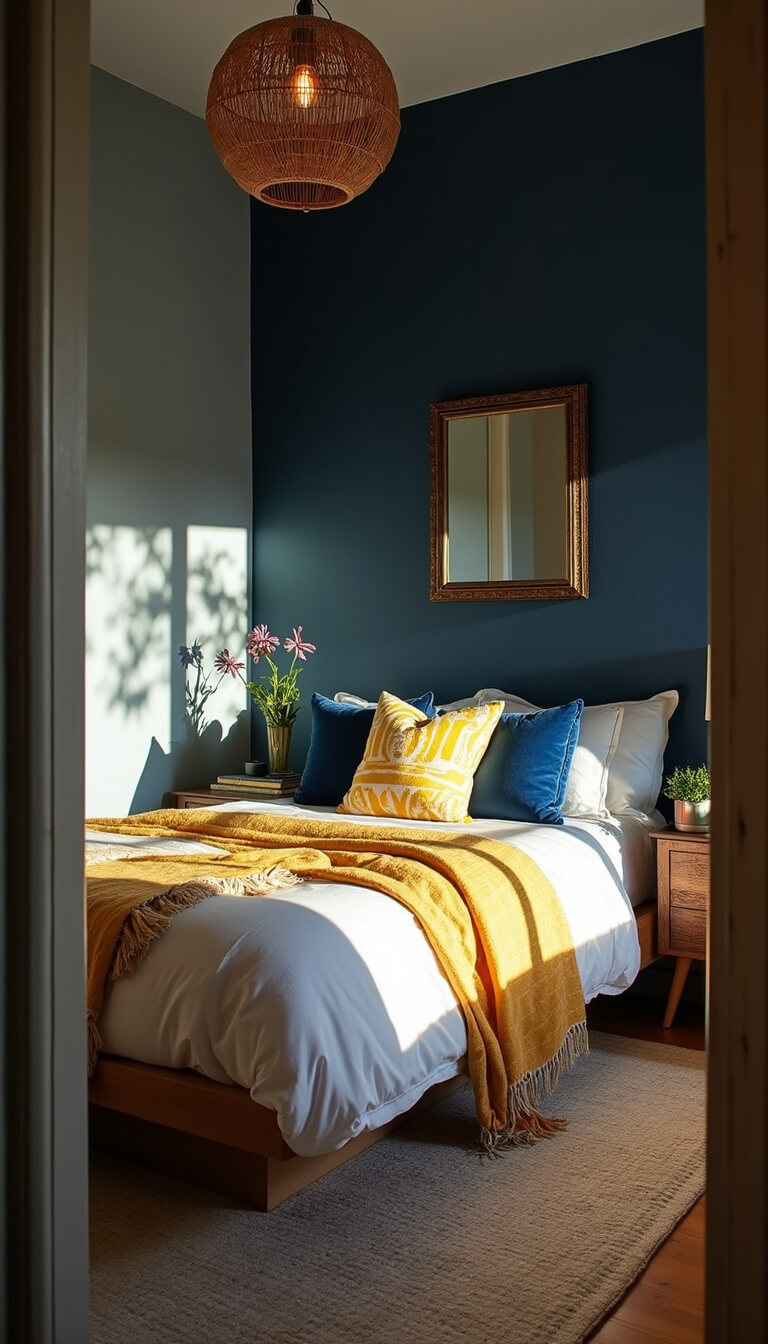 Boho bedroom with indigo walls, platform bed in layered textiles, rattan pendant light, and vintage brass mirror at golden hour.