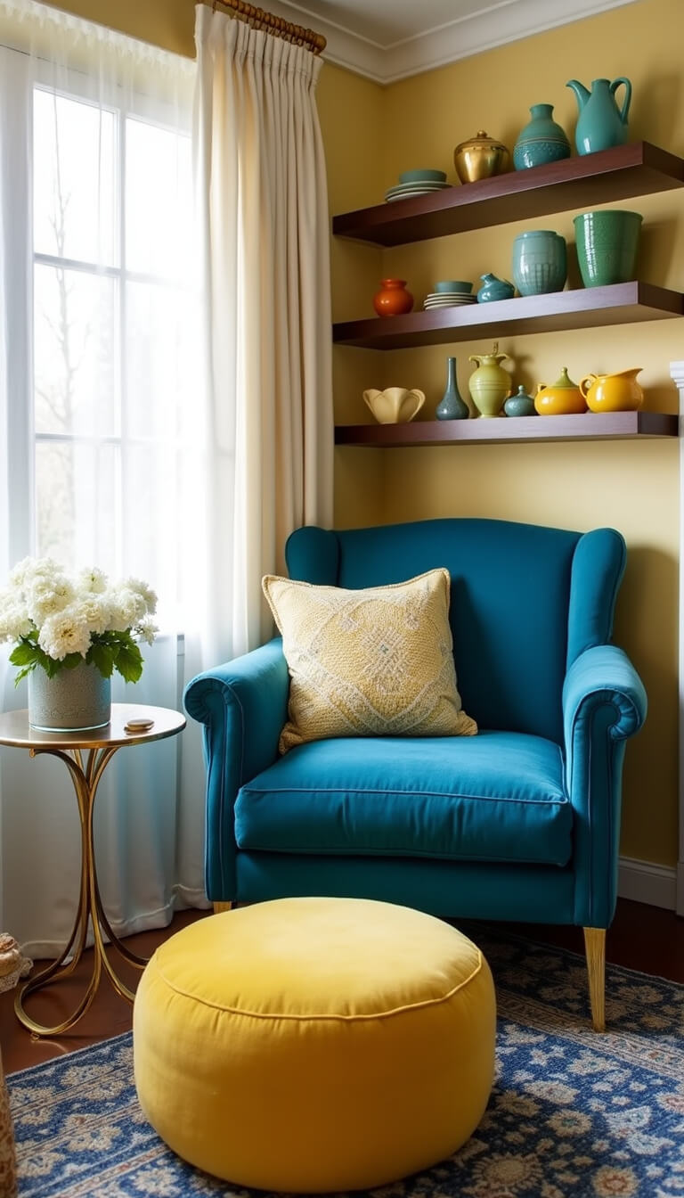 Cozy reading nook with a peacock blue armchair, yellow pouf, layered blue and cream rugs, floating shelves of yellow and turquoise ceramics, and morning light through sheer curtains.