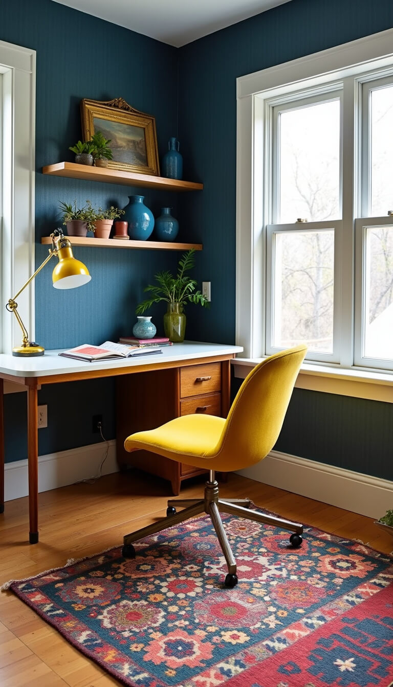 Bohemian sunroom home office with mustard chair, navy grasscloth walls, layered kilim and sisal rugs, brass lamp, and ceramic decor on floating shelves.