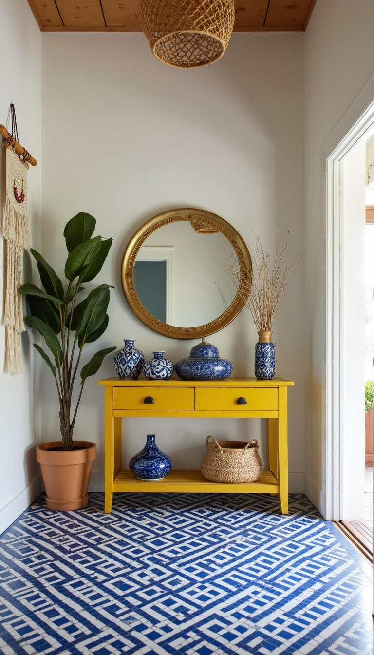 Eclectic entryway with blue Moroccan tile floor, yellow vintage console table, indigo pottery, brass mirror, macramé wall hanging, and woven baskets in natural light.