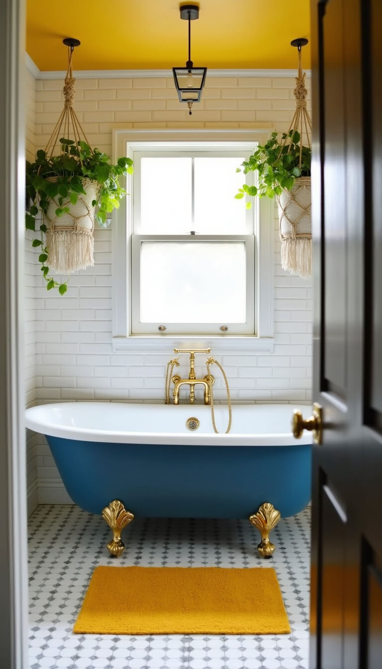 Bathroom with deep blue clawfoot tub, yellow ceiling, brass fixtures, and hanging plants, viewed from doorway.