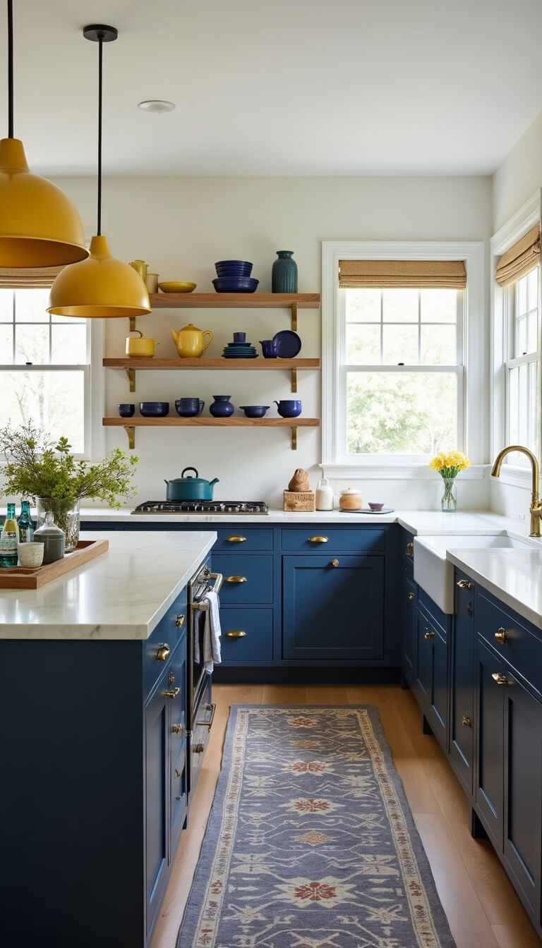 Navy kitchen with brass hardware, yellow pendant lights, open shelves with blue and yellow pottery, vintage geometric runner, and morning light illuminating the island.