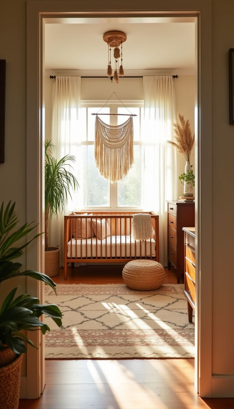 Boho nursery with rattan crib, macramé wall hanging, and warm natural light at golden hour