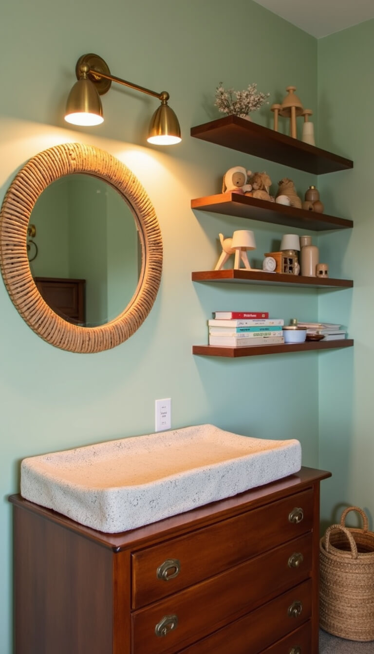 Overhead view of nursery changing station with warm brass lighting, sage green walls, mid-century dresser, woven changing pad, floating shelves with toys and books, rattan mirror, and handwoven basket of essentials.