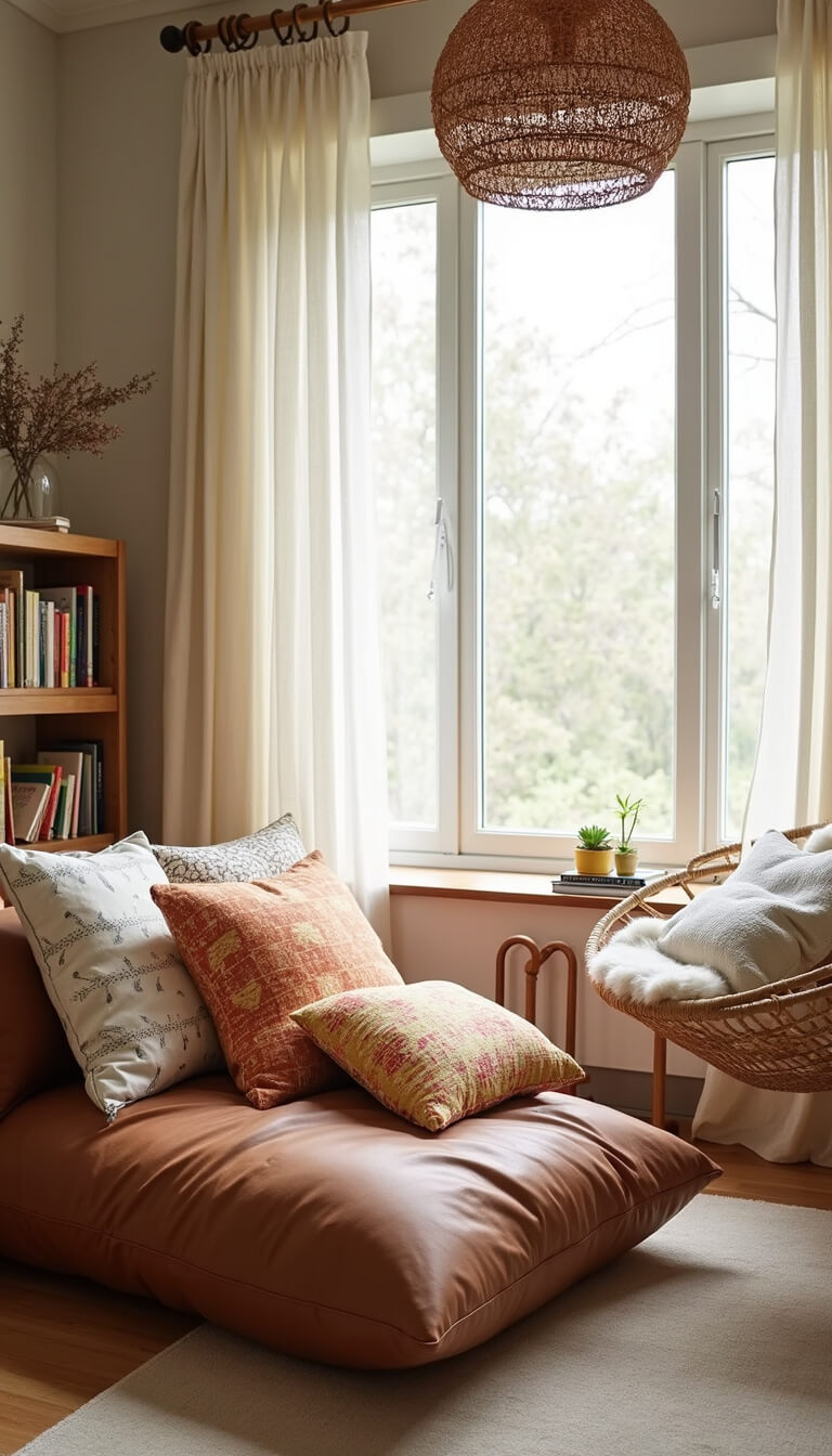Cozy nursery reading nook with leather floor cushion, colorful pillows, hanging rattan chair, and floating bookshelf bathed in soft morning light.