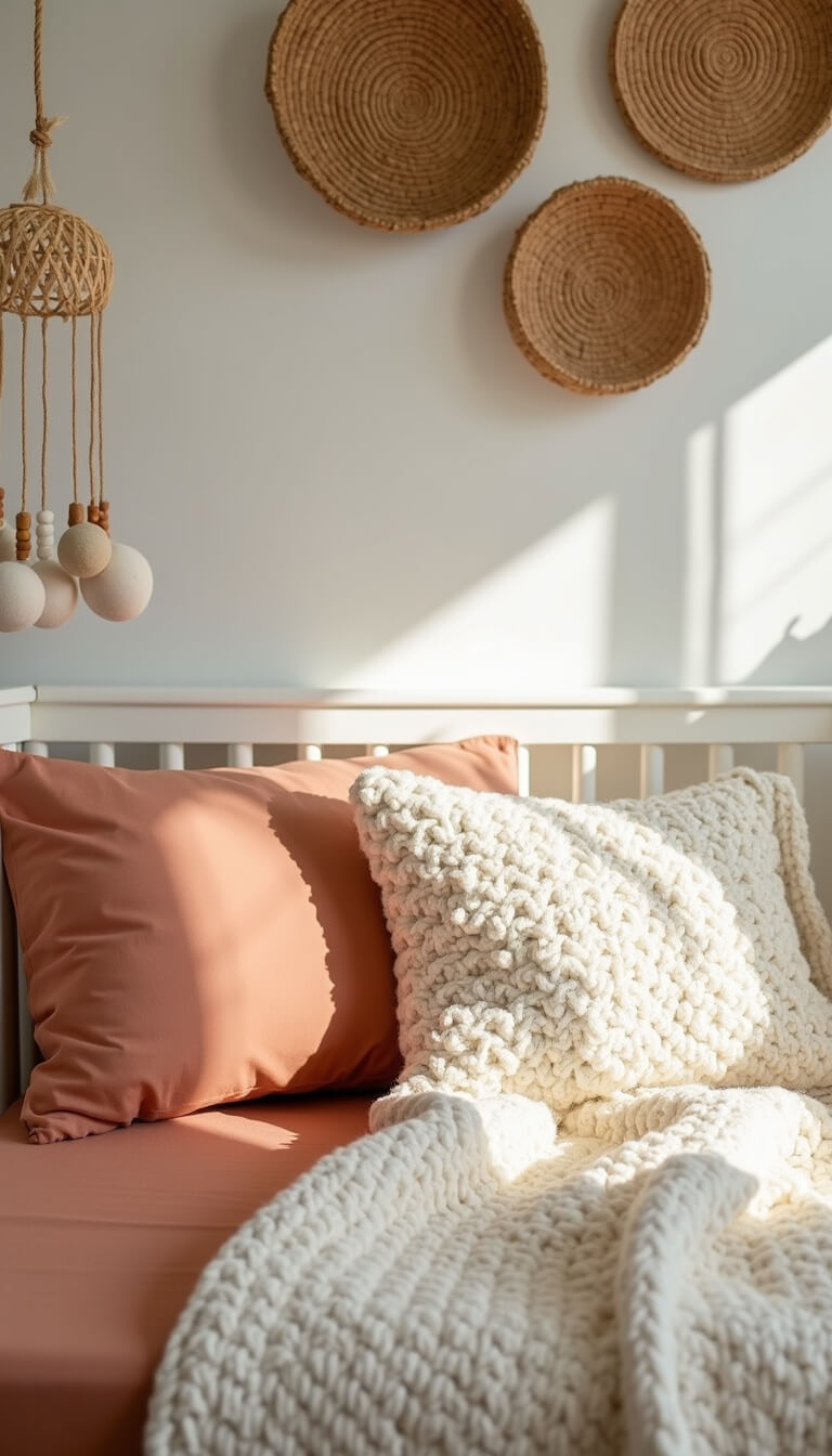 Midday crib detail with terra cotta cotton sheets, cream knit blanket, embroidered pillows, wooden mobile, and wall basket decor with dried palm fronds.