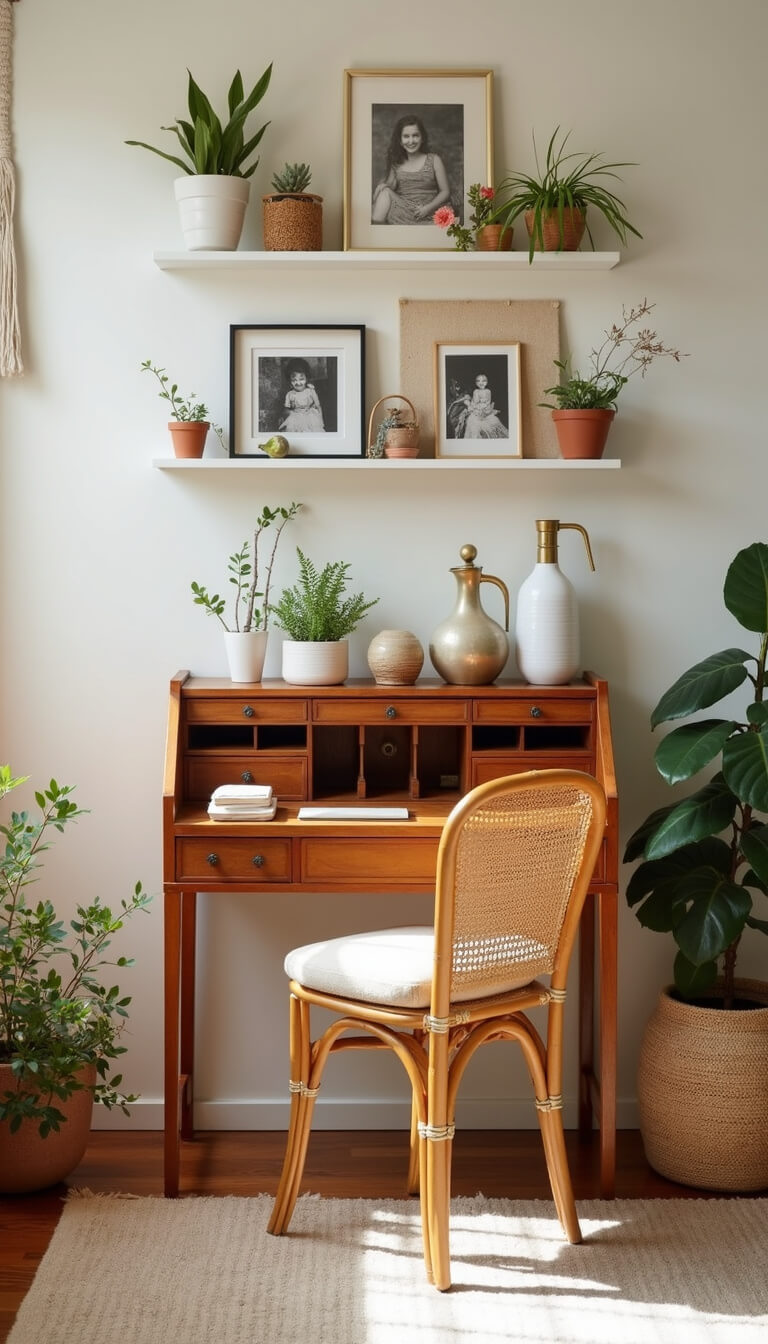 Vintage secretary desk repurposed as nursery workspace with baby supplies, ceramic containers, family photos on floating shelves, rattan peacock chair, and neutral wall hanging.