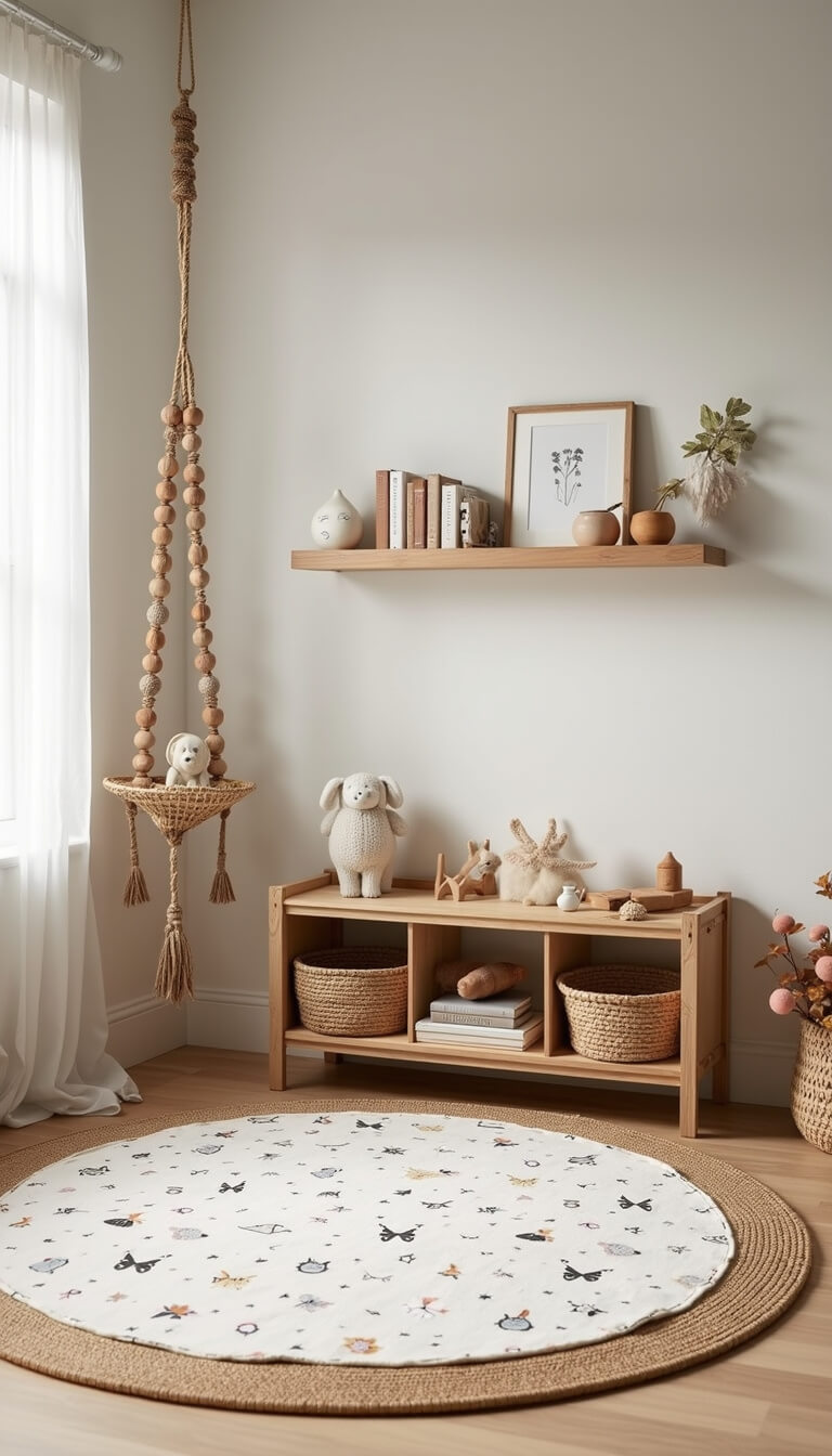 Natural light illuminates a cozy play area with a round jute rug layered under a printed cotton play mat, wooden toy shelf with natural toys and books, macramé swing in the corner, and wooden bead garland on a floating shelf.
