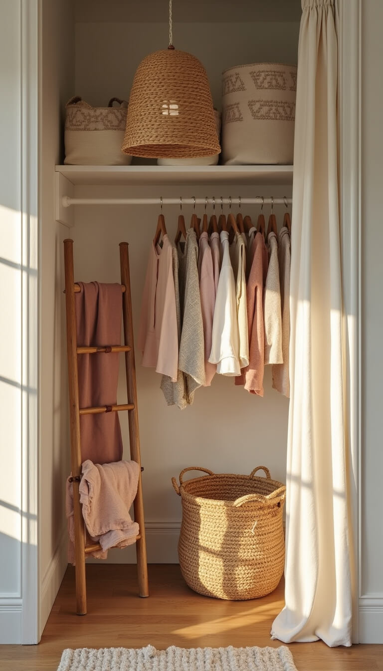 Organized nursery wardrobe at golden hour with color-arranged baby clothes on wooden dowel, vintage ladder holding blankets, woven hamper, mudcloth bins, and pendant light casting patterned shadows.