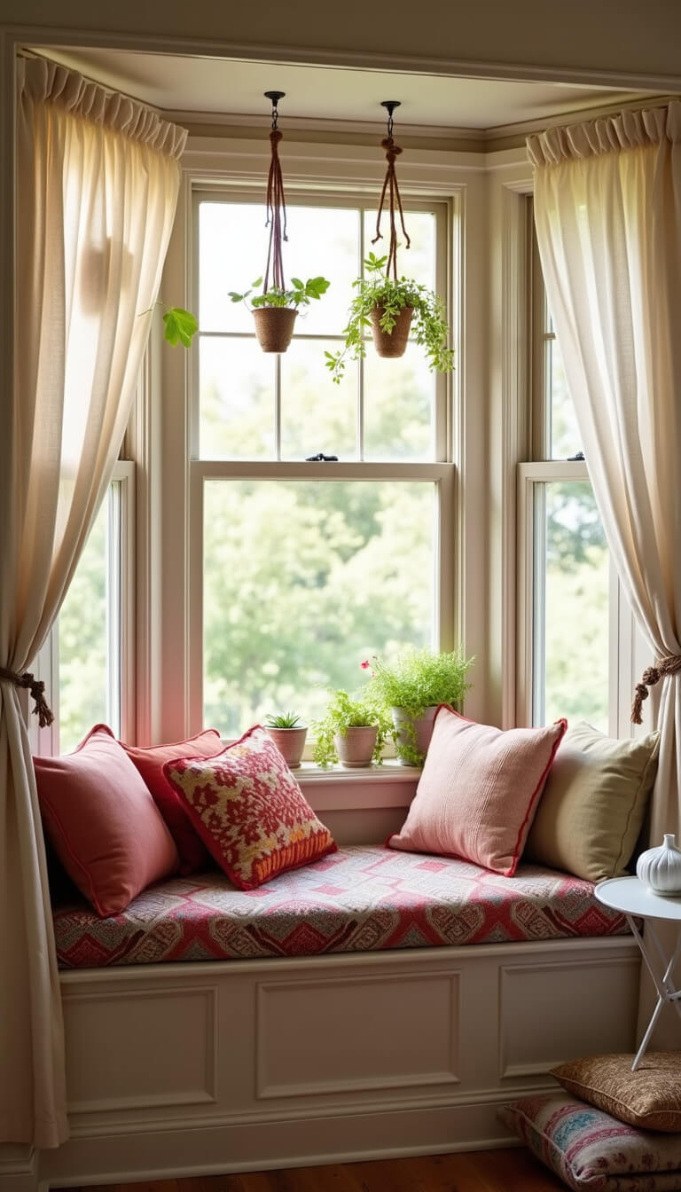 Cozy nursery window nook at sunrise with cushioned bench, textured floor cushions, hanging plants, sheer curtains, and ceramic diffuser on side table.