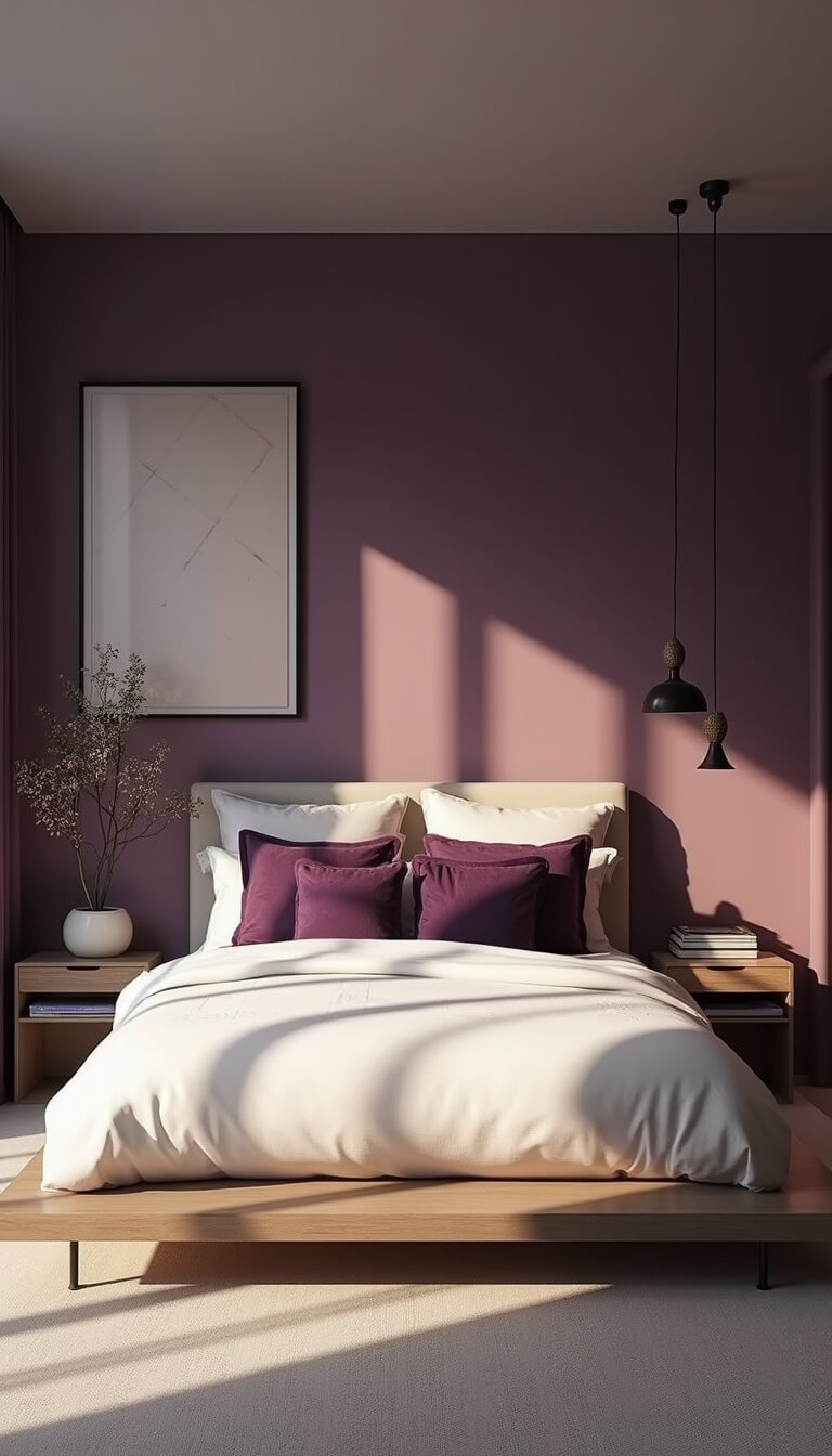 Modern minimalist purple bedroom with floor-to-ceiling windows, platform bed, aubergine accents, and geometric decor in golden hour light.