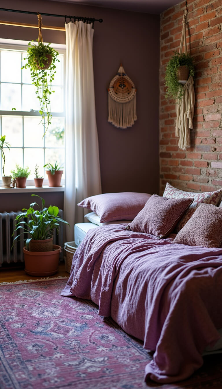 Cozy 12x14ft bohemian bedroom with dusty purple brick accent wall, layered textiles on low-profile bed, hanging plants, and natural light through macramé curtains.