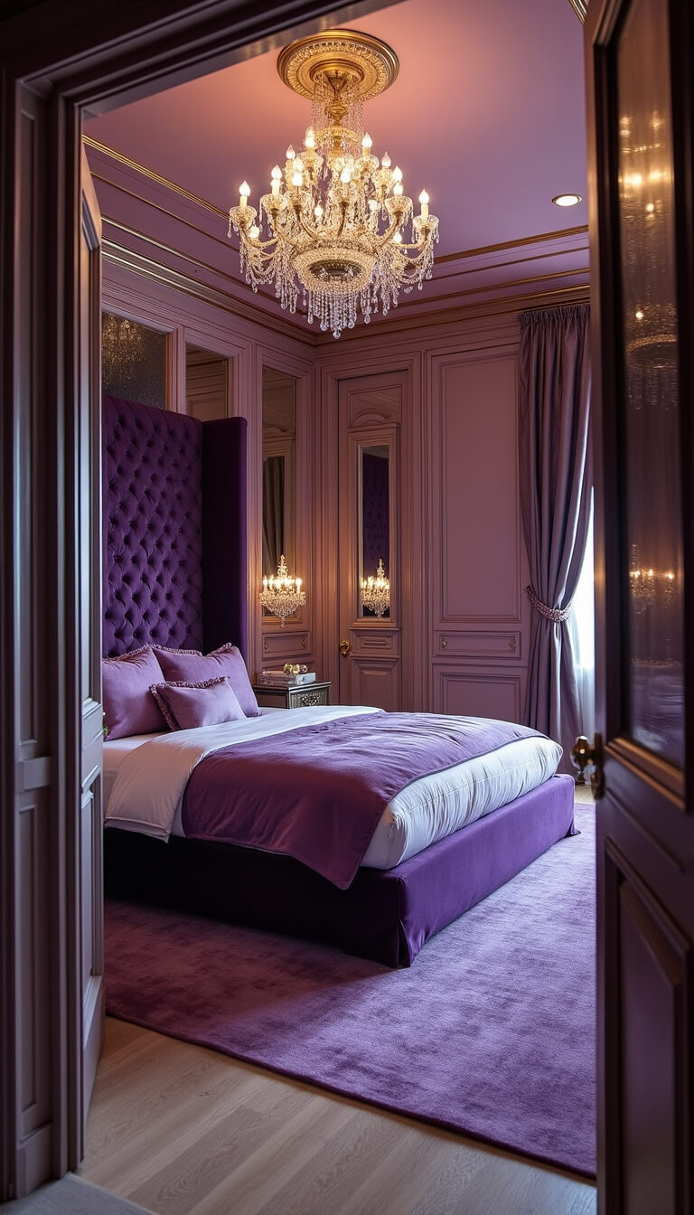 Luxurious royal purple master suite with tufted velvet headboard, crystal chandelier, gold accents, and mirror-fronted wardrobes under warm evening lighting.