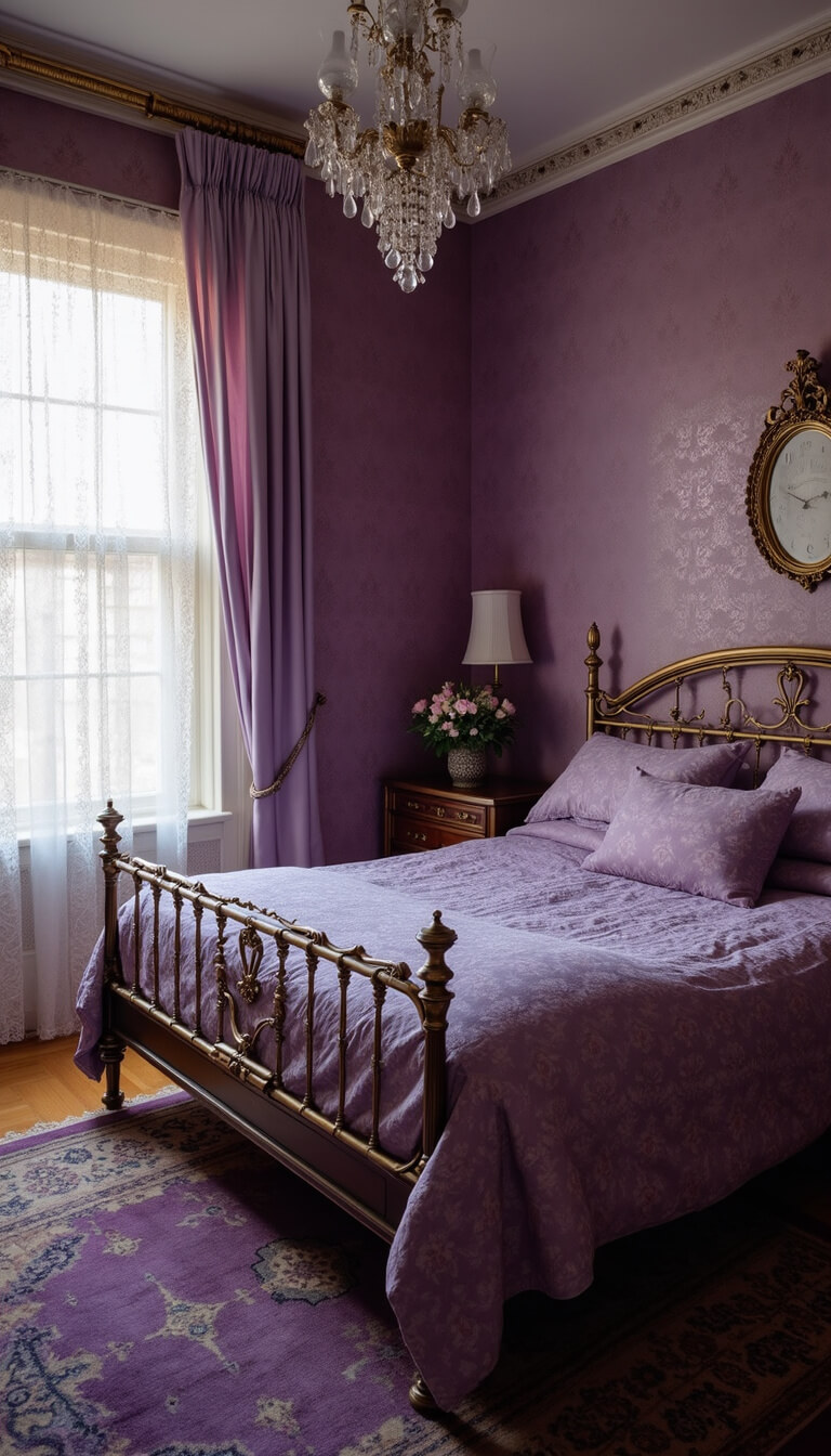 Victorian-style purple boudoir with antique brass bed and damask bedding, soft morning light through lace curtains, ornate wallpaper, and Persian rug.