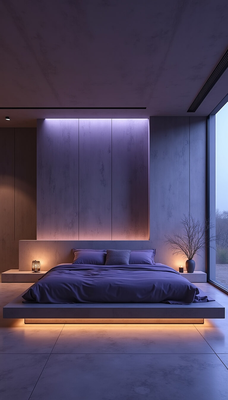 Minimalist 18x20ft bedroom with purple hues, floating wall panels, concrete walls, and twilight blue lighting through linear windows.