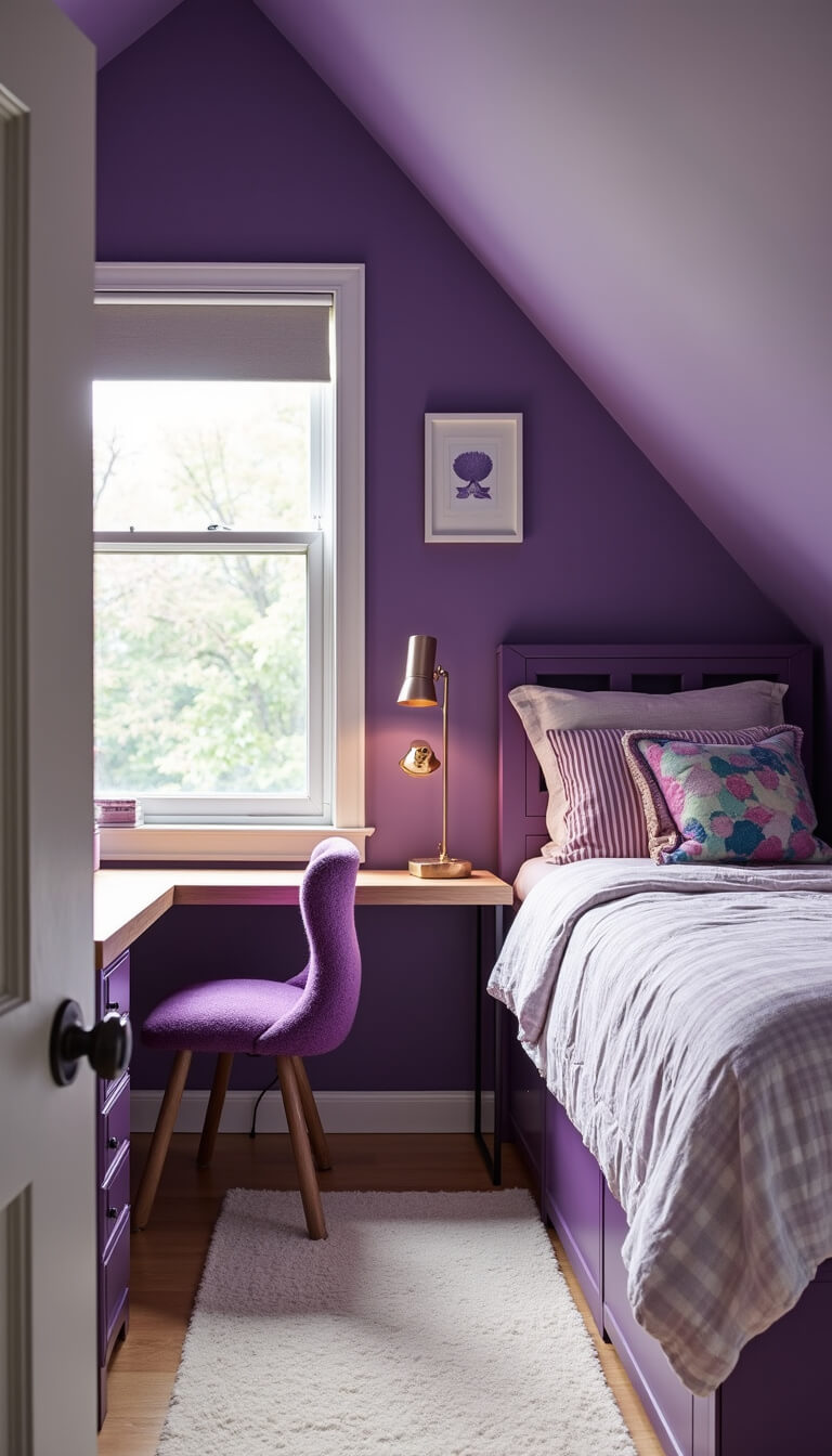 Teen bedroom with diagonal purple walls, loft bed above study area, purple ombré desk chair, rose gold accents, and bright daylight through roller blinds.