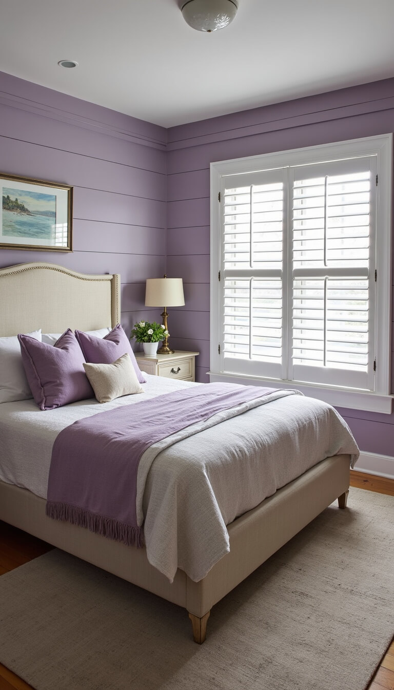 Coastal-themed bedroom with pale purple-grey shiplap walls, beige upholstered queen bed with lavender pillows, weathered wood furniture, and white shutters filtering late morning light.