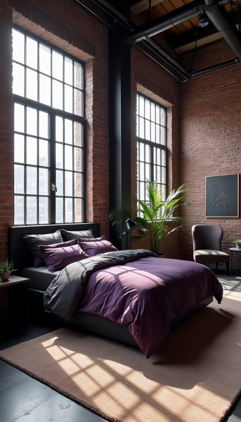 Wide-angle view of an industrial-style purple loft bedroom with exposed brick, matte black pipes, and afternoon light filtering through large factory windows.