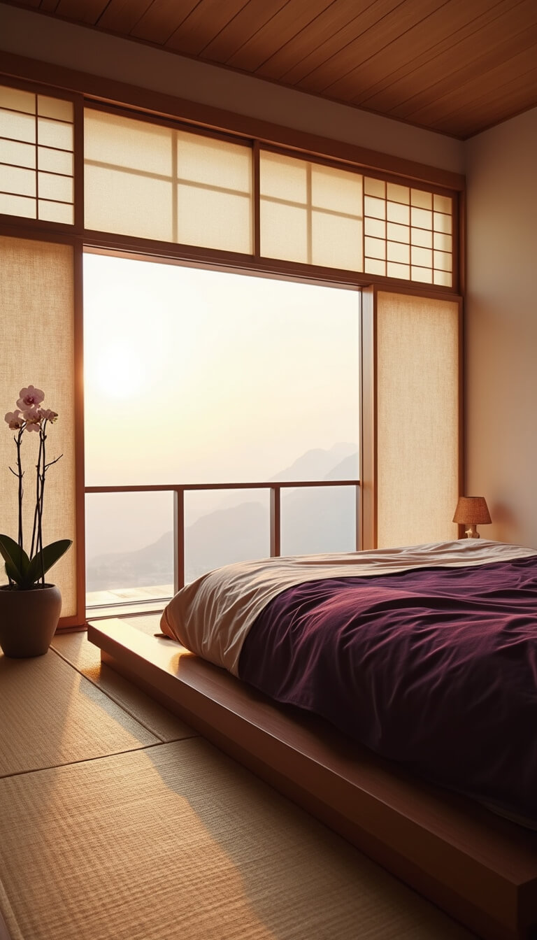 Minimalist Japanese-style bedroom with low platform bed, aubergine and cream bedding, bamboo accents, and orchid plant, lit by dawn light through paper screens.