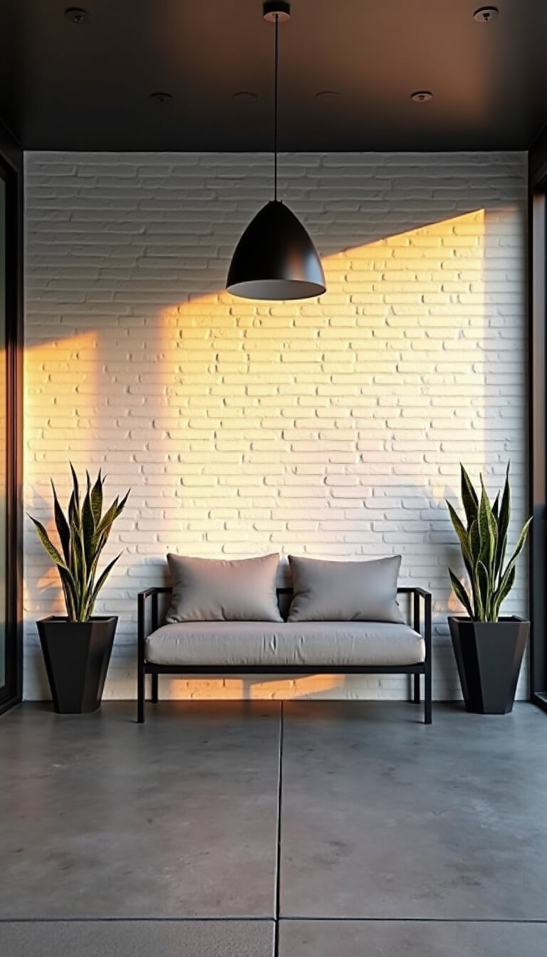 Modern front porch at golden hour with charcoal concrete floor, black metal bench, snake plant planters, and warm lighting.
