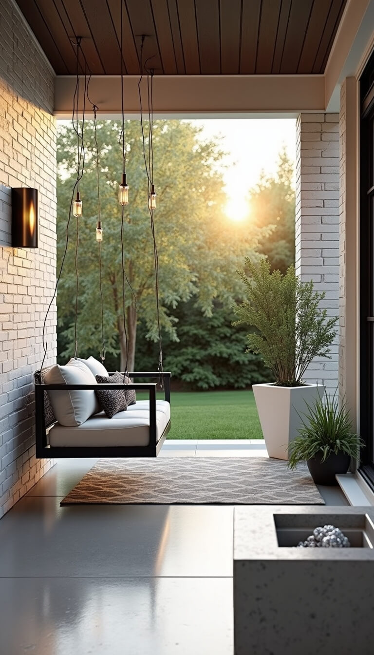 Modern covered porch at dawn with black metal swing, ivory cushions, concrete floor, white geometric planter, silver falls, and brushed steel sconces on white brick wall.