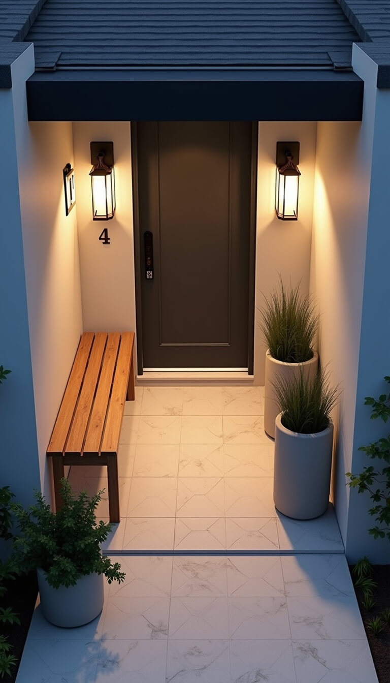 Modern entry porch at blue hour with hexagonal cream tiles, minimalist teak bench, copper lanterns, concrete planters with grasses, matte black door hardware, and sans-serif house numbers, viewed from above.