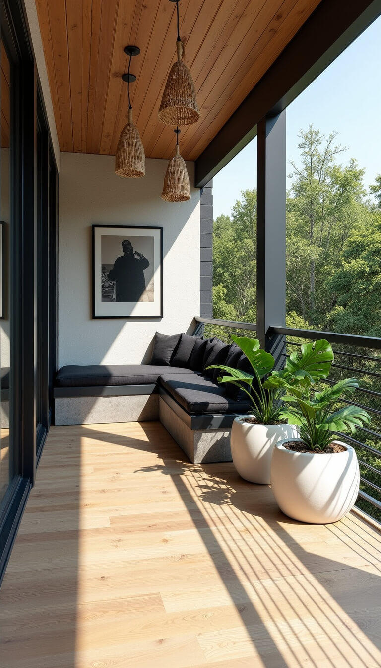 Modern wraparound porch corner with herringbone light oak decking, L-shaped concrete seating with charcoal cushions, white ceramic planters with monstera plants, black metal cable railings, and woven pendant lights casting shadows.
