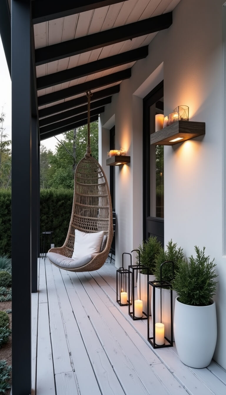Nordic-style front porch at dusk with whitewashed deck, black accents, rope hanging chair, lanterns, boxwoods, and floating shelves against textured white wall.