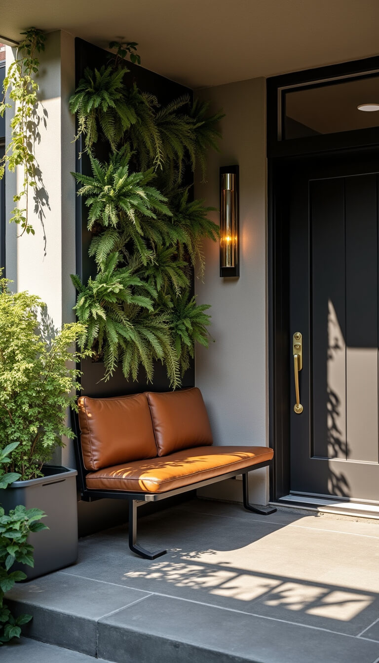 Modern urban entry porch with gray pavers, steel bench with brown leather cushions, vertical garden, brass hardware, and morning light shadows.