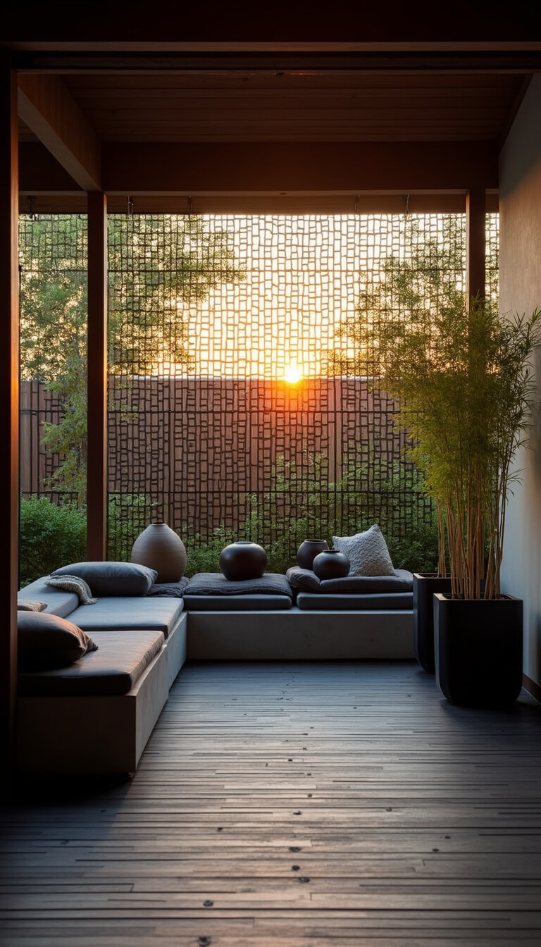 Japanese-inspired porch at sunset with black wooden decking, low concrete seating, ceramic vessels, metal screens casting light patterns, and bamboo in planters.