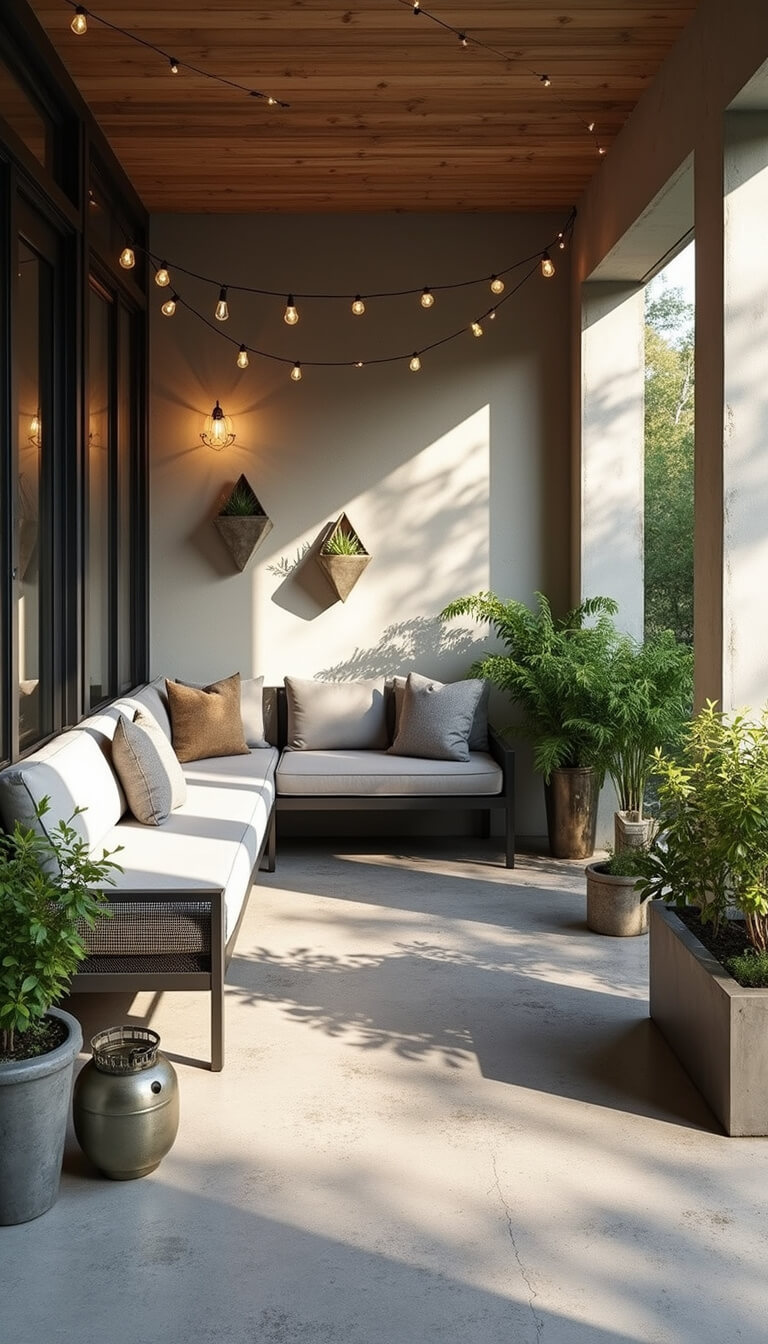 Industrial modern 7x8ft porch with polished concrete floor, custom steel and mesh seating, geometric zinc planters, Edison bulb string lights, and mixed metal accessories in afternoon light.