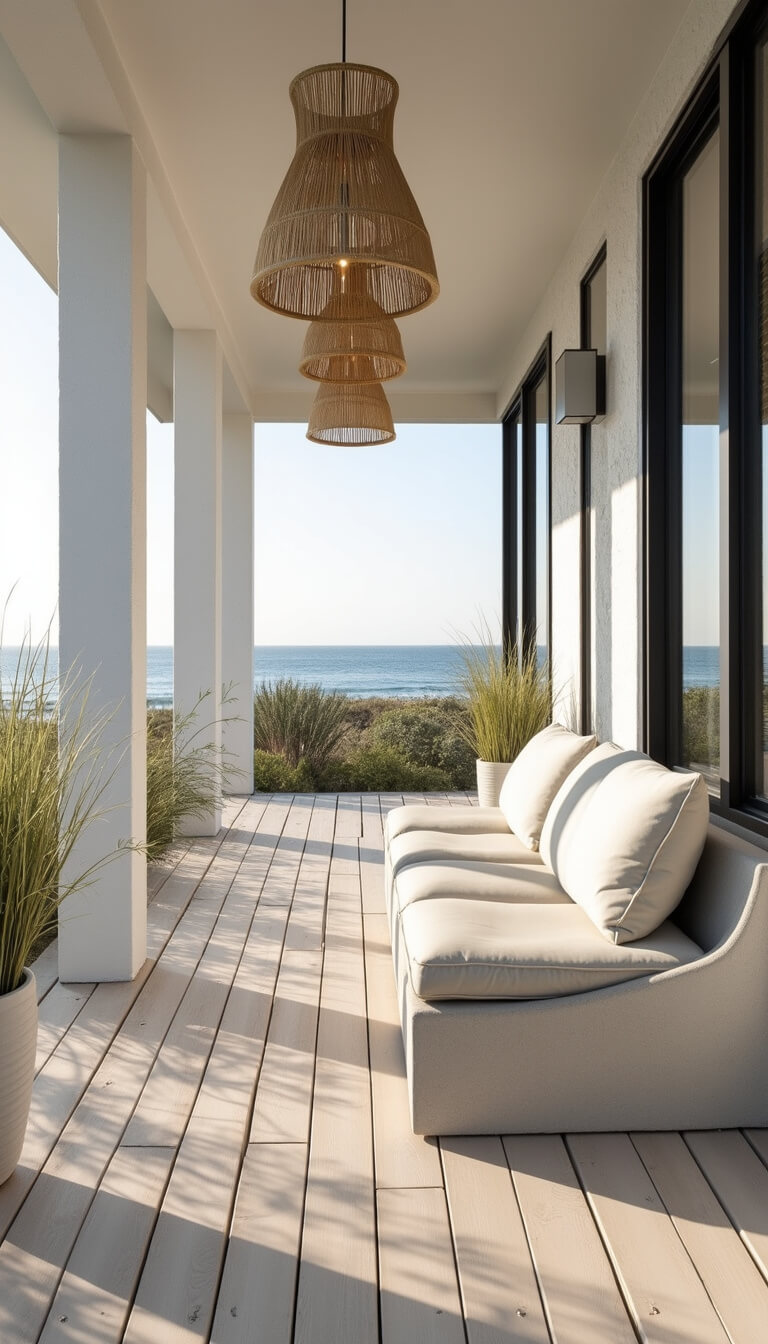 Coastal modern 10x12ft porch with bleached wood decking, curved concrete bench, ivory cushions, white planters with grasses, natural fiber pendant lights, and black-framed windows.