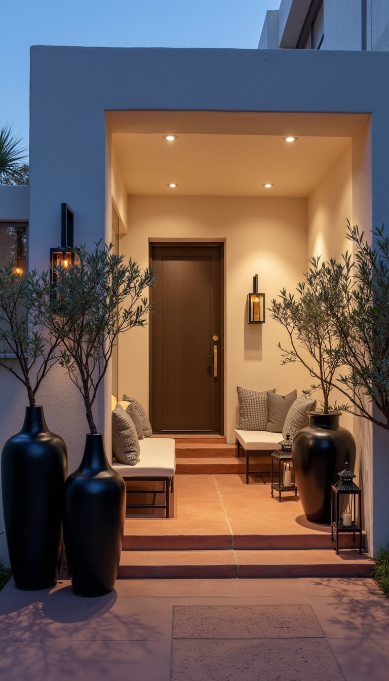Mediterranean modern covered porch at twilight with terracotta tiles, concrete seating, black ceramic planters with olive trees, Moroccan-style lanterns, and textured white stucco walls.
