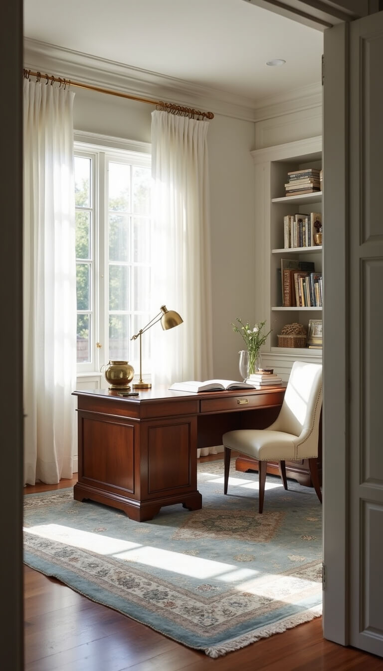 Sunlit home office with walnut desk at an angle, cream leather chair, brass lamp, built-in white bookshelves, and Persian rug in soft natural light.