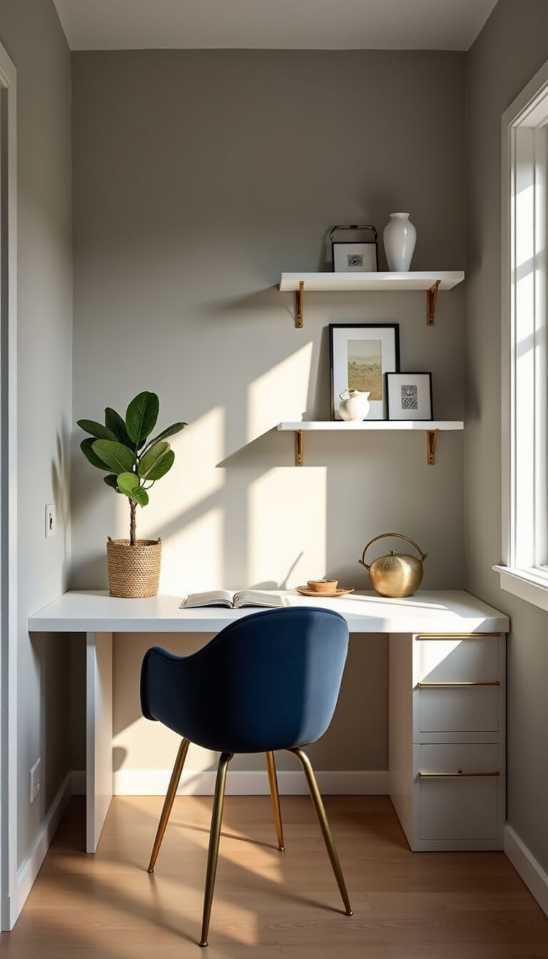 Modern corner home office with white desk, navy velvet chair, brass accents, and dramatic golden hour lighting.