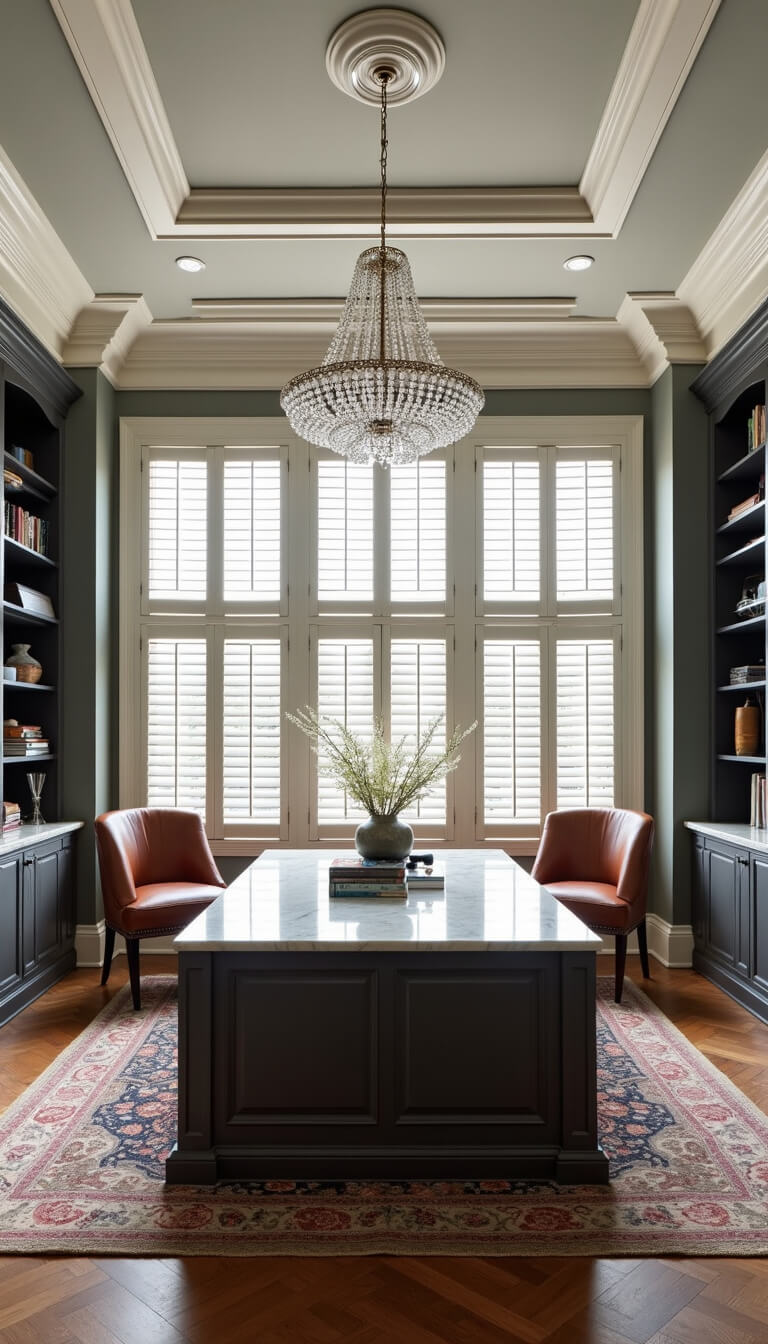 Luxurious 15x18ft executive home office with coffered ceiling, marble desk, leather chairs, charcoal built-ins, crystal chandelier, and herringbone wood floors with vintage rugs.
