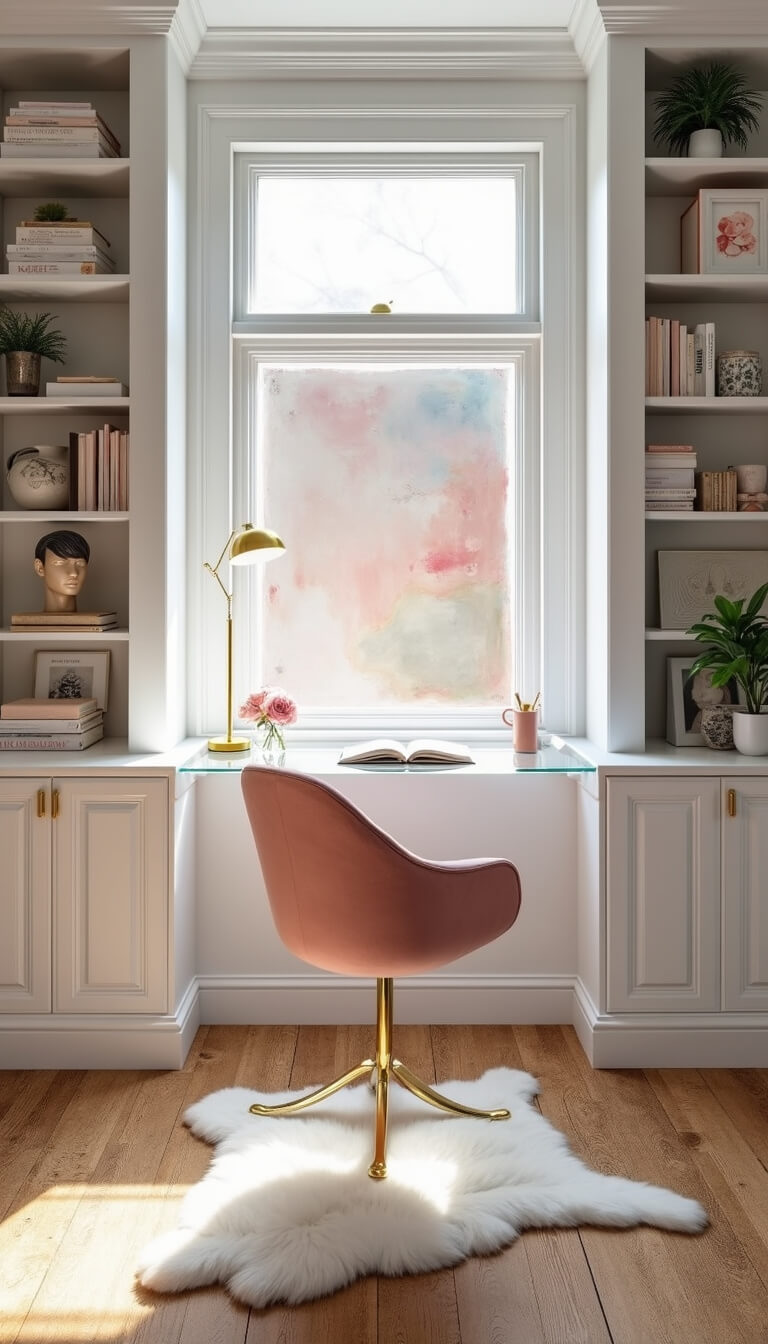Feminine home office with blush pink chair, acrylic desk facing bay window, soft pastel decor, and ethereal afternoon light.
