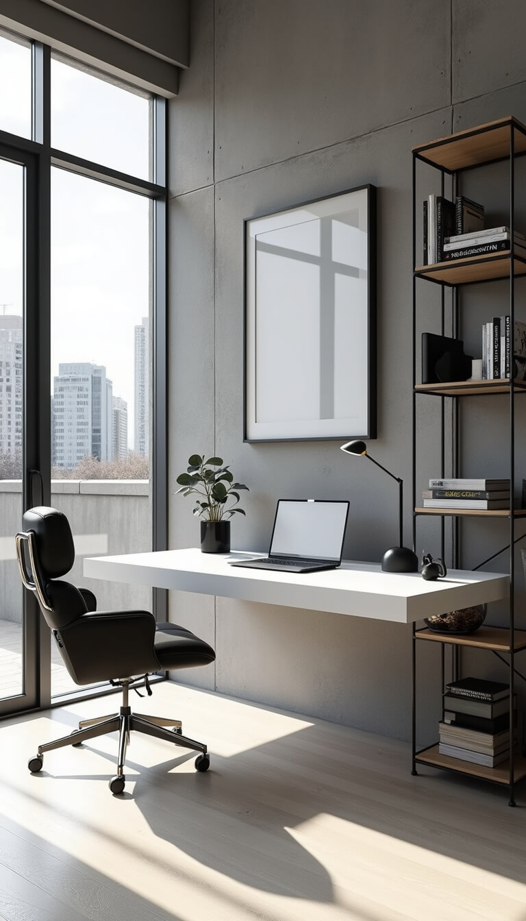 Minimalist 12x15ft home office with floor-to-ceiling windows, floating white desk against concrete wall, black leather and chrome chair, geometric shelving, and black-and-white photography.