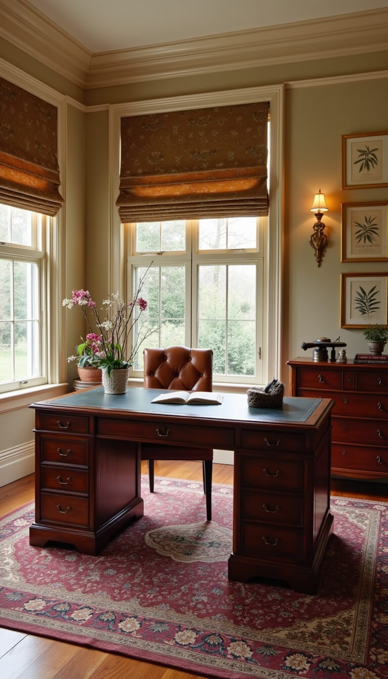 Traditional home office with cherry wood desk, cognac leather chair, vintage map gallery wall, and warm evening light through roman shades.