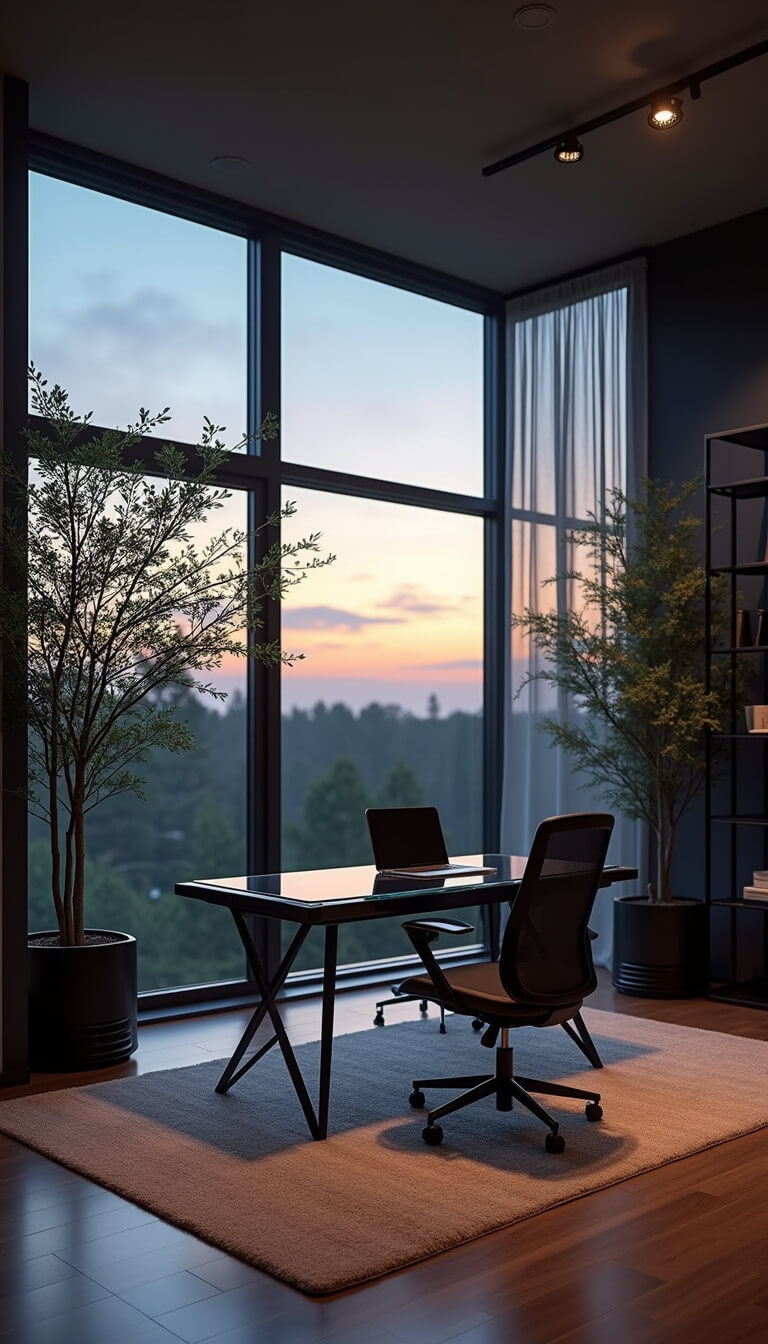 Modern 14x16ft home office with double-height windows, dramatic dusk lighting, black steel and glass desk, mesh chair, floating metal shelves, and indoor trees in black planters.