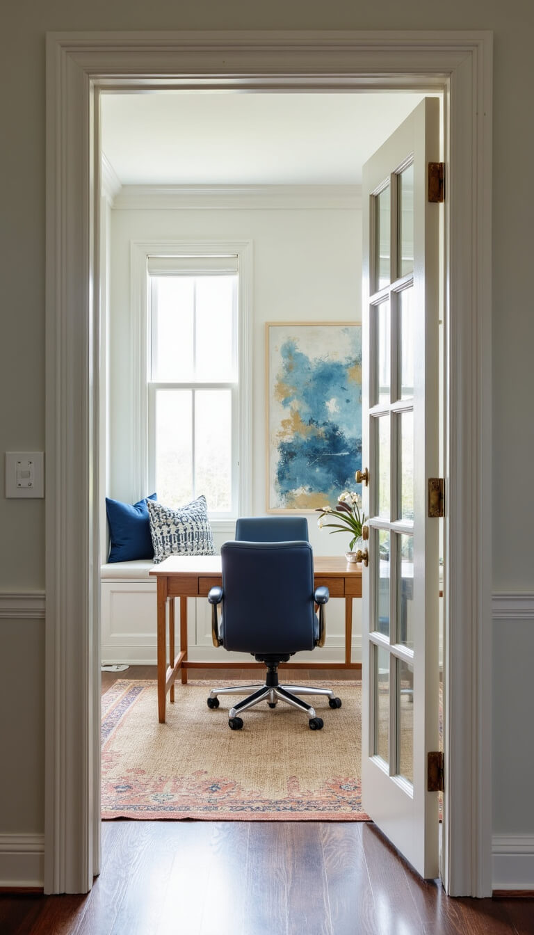 Bright transitional home office with white oak desk, navy leather chair, window seat storage, abstract blue and gold art, and layered sisal rug, viewed through French doors in natural mid-morning light.