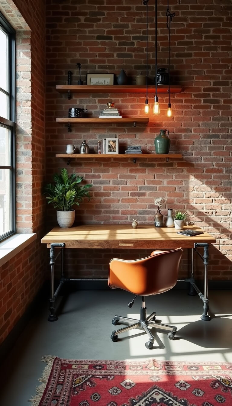 Industrial-style 13x15ft home office with exposed brick wall, reclaimed wood desk, leather and chrome chair, metal pipe shelving, Edison bulb pendant lights, concrete floor with vintage kilim rug, and dramatic late morning side lighting.