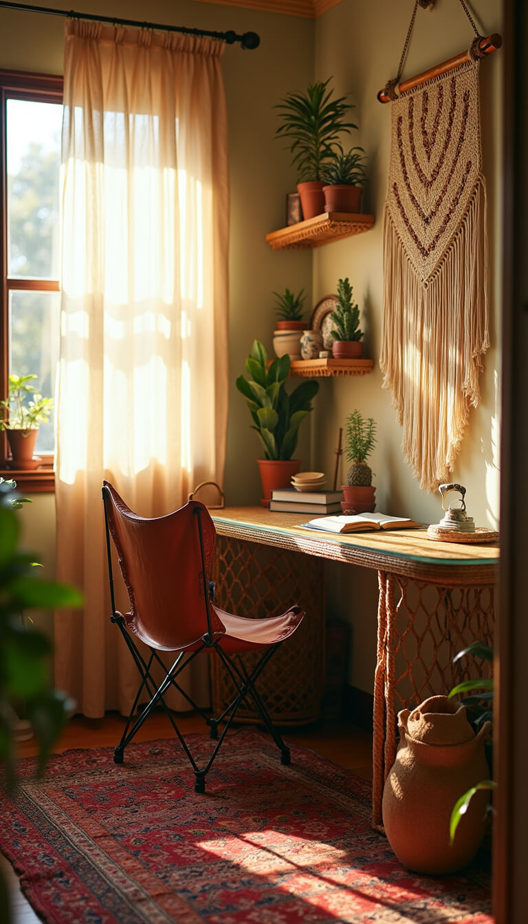 Bohemian 12x12ft home office with rattan desk, vintage butterfly chair, macrame wall hanging, jewel-toned rugs, and plants on rope shelves in golden hour light.