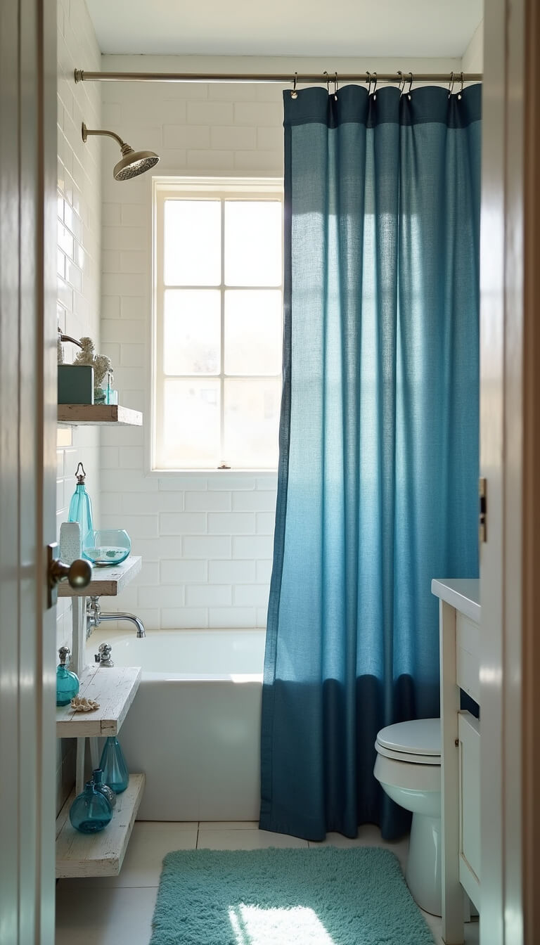 Coastal bathroom with white subway tiles, navy blue wave-patterned shower curtain, seafoam bath mat, and sunlight streaming through frosted window onto brushed nickel fixtures and decorative glass accents.