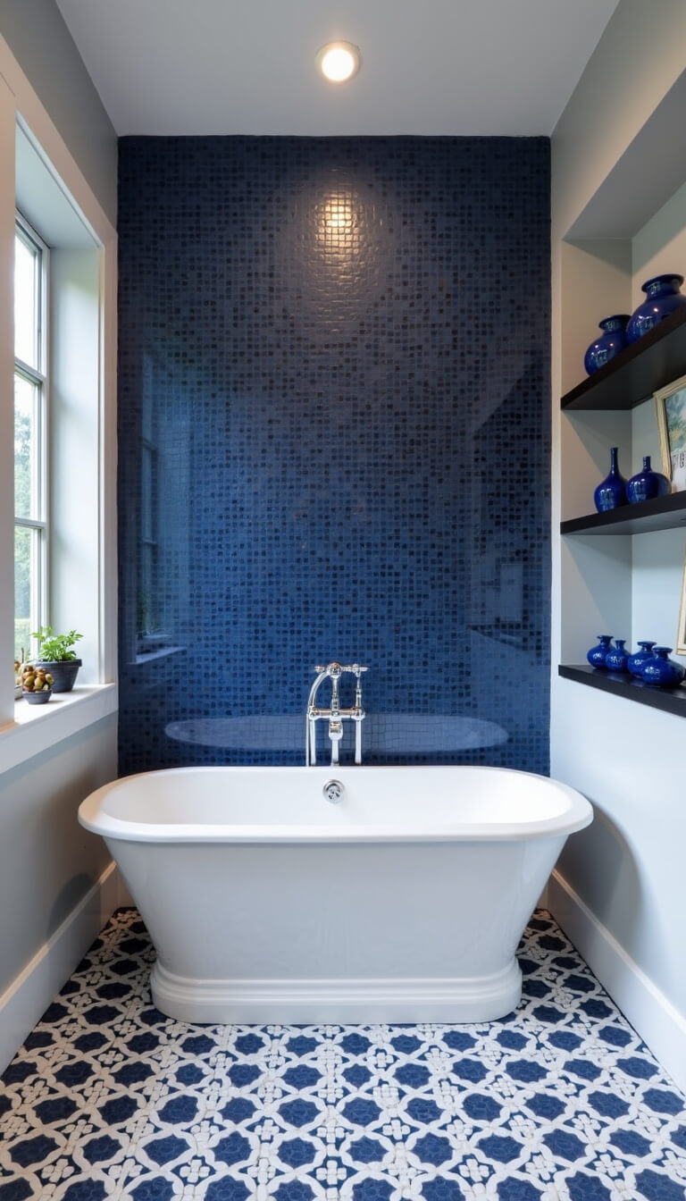Modern master bathroom with navy tile accent wall, white freestanding tub, chrome fixtures, geometric blue and white floor tiles, and floating shelves with blue decor.